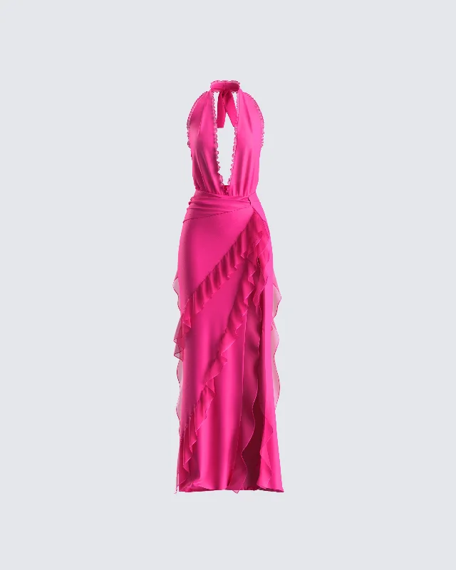 women's striped dressesNandi Hot Pink Ruffle Maxi Dress