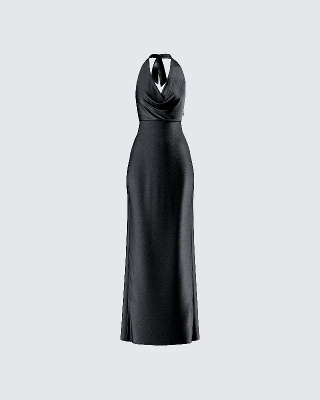 Body-Hugging DressHolly Black Satin Cowl Maxi Dress