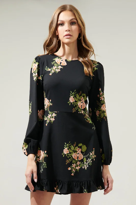 Velvet DressJasleen Floral Long Sleeve Ruffle Mini Dress