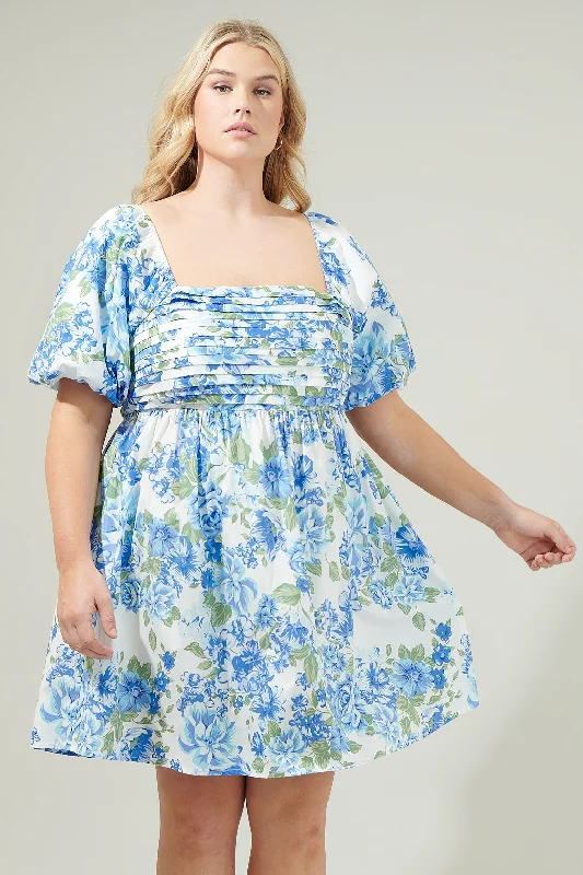 women's high-end dressesTruth Be Told Blue Floral Pleated Mini Dress Curve