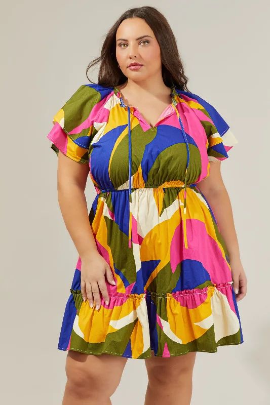 Plus-Size DressRio Abstract Riley Poplin Short Sleeve Mini Dress Curve