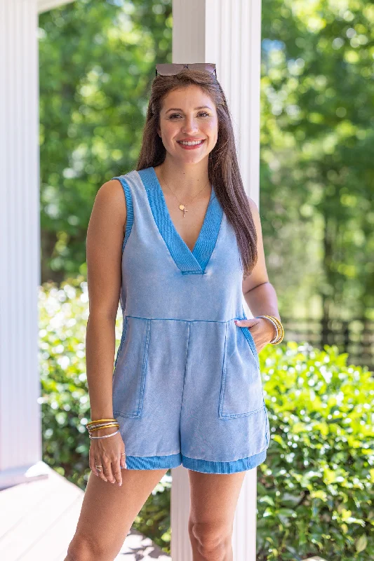 women's body-skimming dressesLakeside Chic Blue Knit Romper