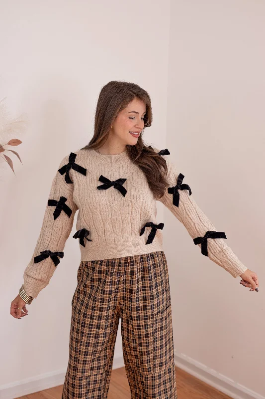 women's cocktail dressesCable Knit Bows Oatmeal Sweater