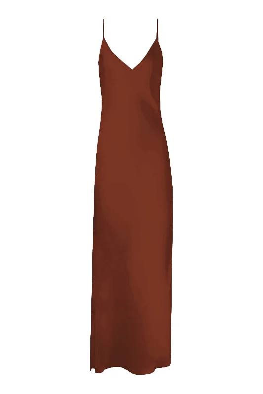 A-Line DressBM Full Length Slip Dress with Slit - Chocolate