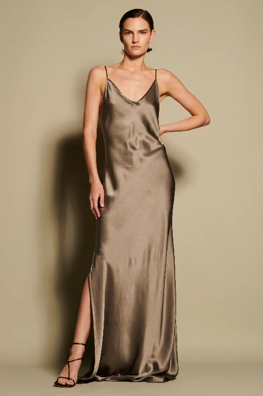 Shift DressBM Full Length Slip Dress with Slit - Walnut