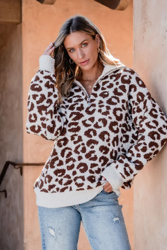 women's wedding guest dressesFuzzy Tan Leopard Print Zip Up Sweater