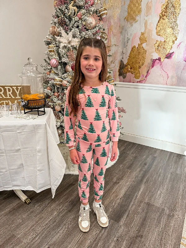 women's pear-shaped body dressesKids Christmas Tree Pink Pajama Set