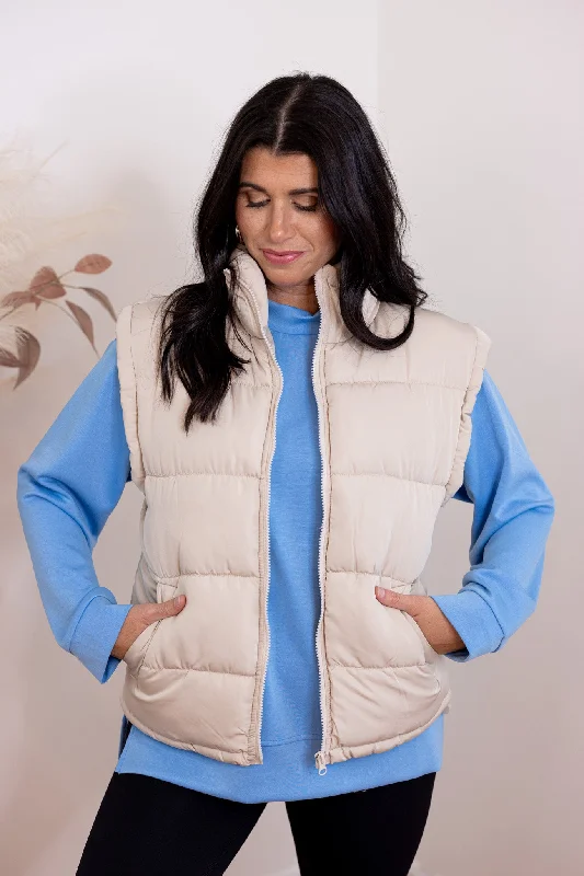 women's apple-shaped body dressesMountain Views Ecru Puffer Vest