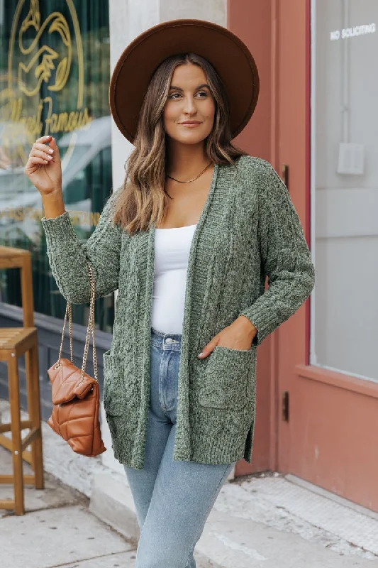 Formal DressOlive Cable Knit Open Front Cardigan