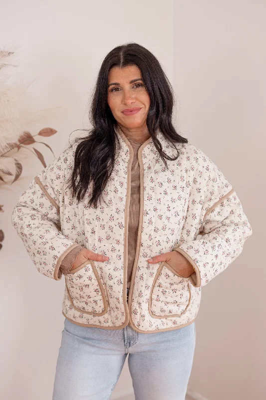 women's vacation dressesWinter Florals Cream Quilted Jacket