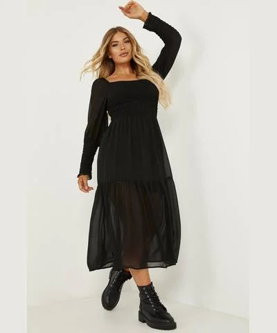 Ribbon DressBlack Chiffon Shirred Tiered Midi Dress