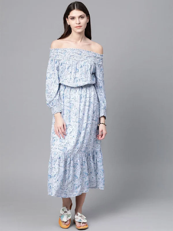 Petite DressBlue Paisley Smocked Bardot Midi Dress