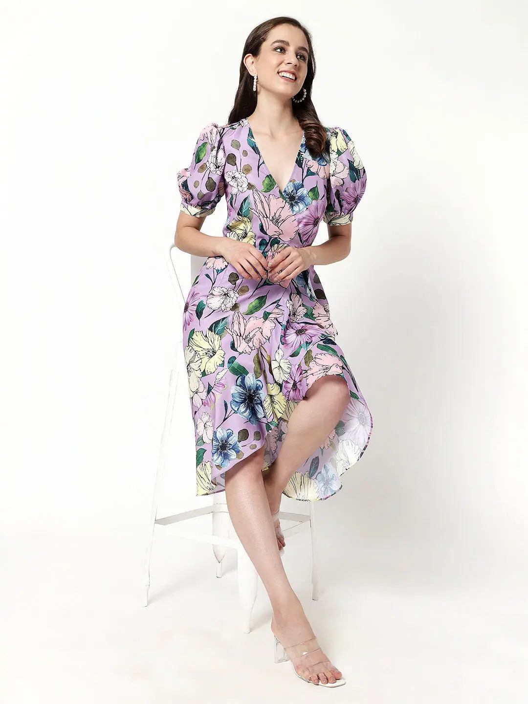 Vintage DressFloral Digital Printed High-Low Midi Dress