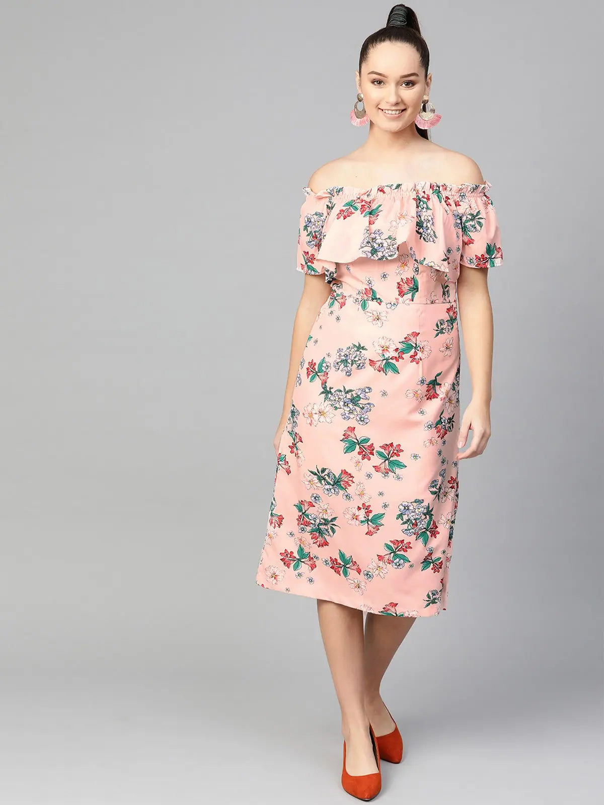 women's body-skimming dressesFloral Off-Shoulder Midi Dress