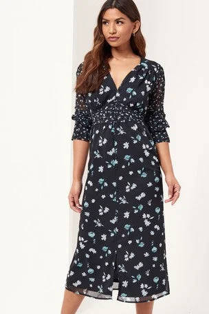 women's designer dressesFloral Print Ruched Midi Dress Navy