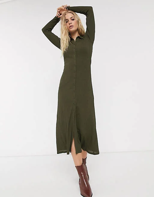 Pearl DressKhaki Ribbed Midi Cardigan Style Dress