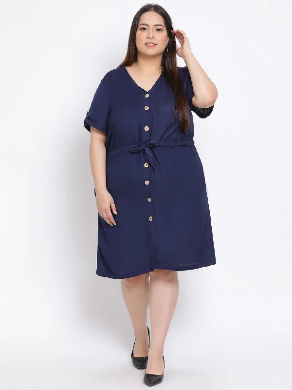 women's curve-hugging dressesNavy Basic Button Plus Size Midi Linen Blend Dress