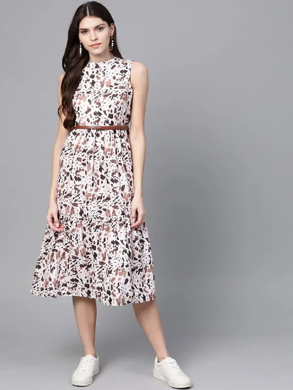 Peter Pan Collar DressOff White Leopard Tiered Belted Midi Dress