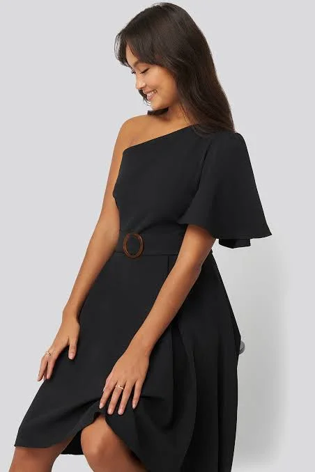 Tea-Length DressOne Shoulder Belted Midi Dress