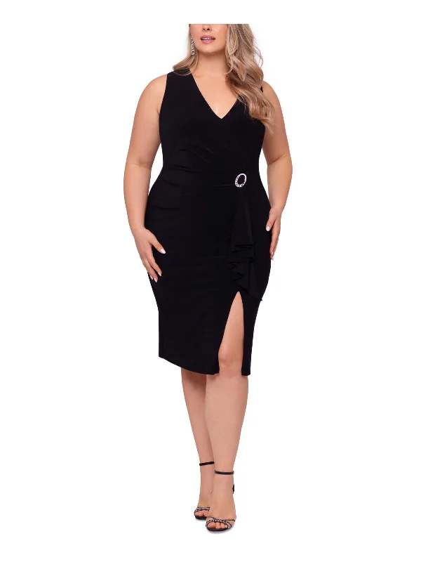 women's statement dressesPlus Womens Rhinestone-Pin V-Neck Midi Sheath Dress