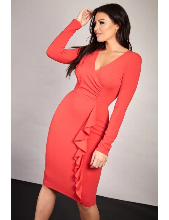 Lace DressRed Long Sleeve Wrap Bodycon Midi Dress