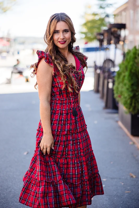 High-Neck DressSail to Sable Mary Midi Dress - Red Tartan