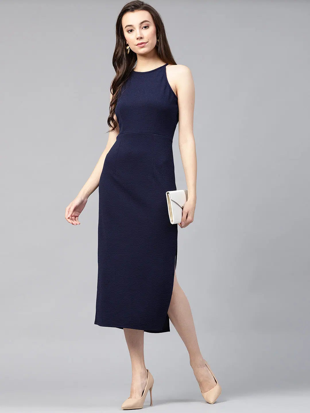 women's business casual dressesSolid Incut Fitted Midi Dress-ZL8130-XS