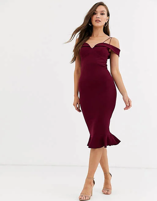 Backless DressStrappy Bardot Midi Dress Burgundy