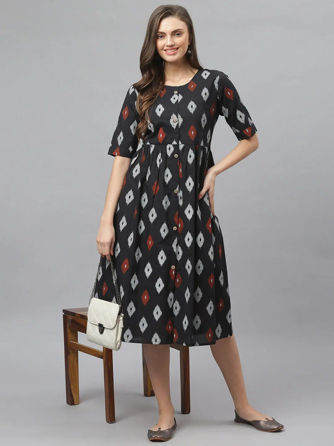 Sheath DressStylum Women's Ikat Print Cotton Midi Flared Dress