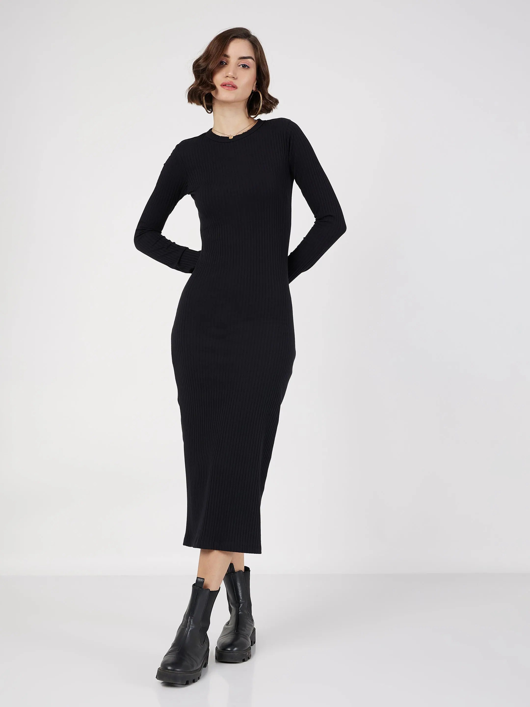 women's minimalist dressesWomen Black Rib Bodycon Midi Dress