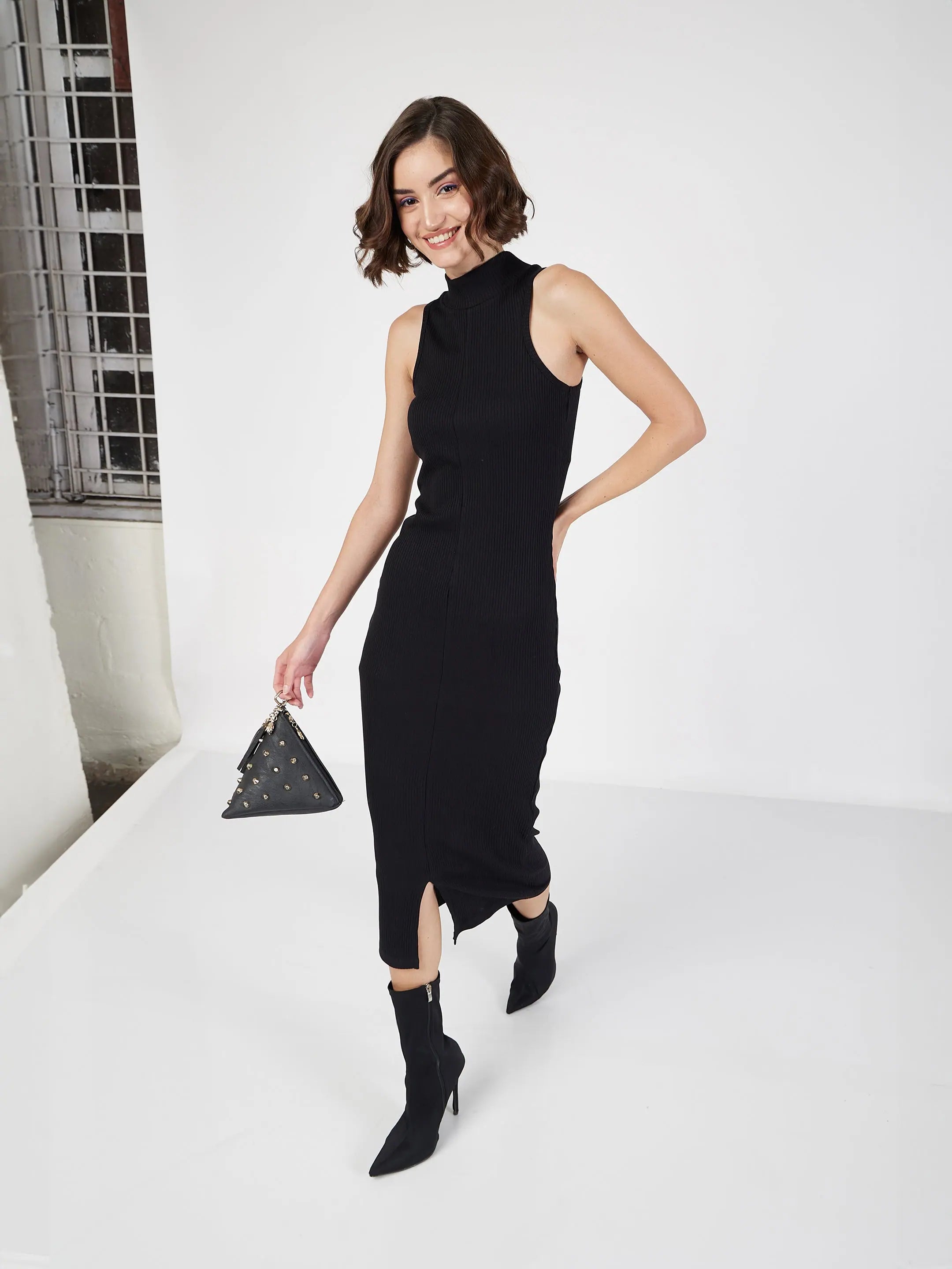 Wrap DressWomen Black Rib Turtle Neck Sleeveless Midi Dress