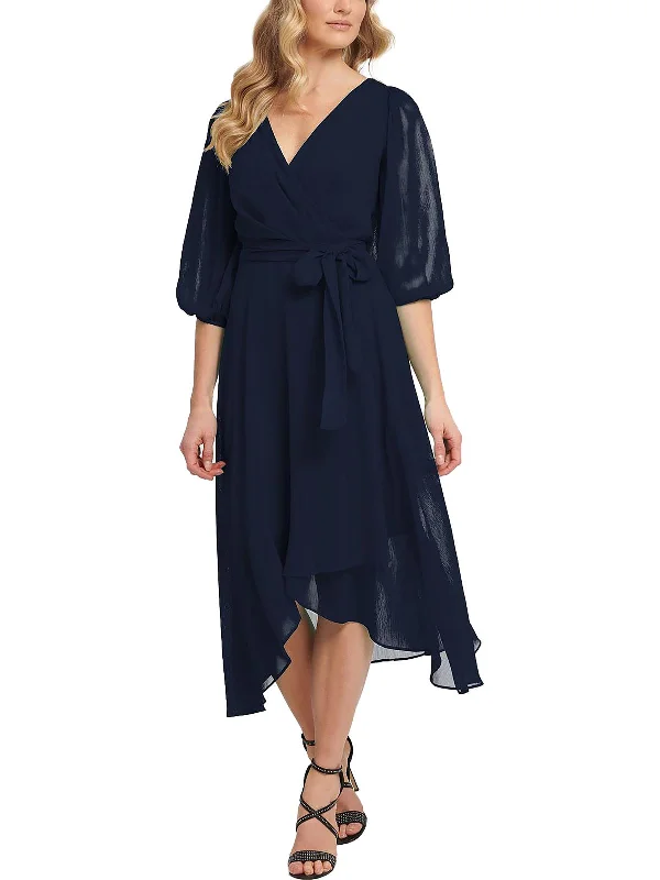 women's ruffle dressesWomens Faux Wrap Calf Midi Dress