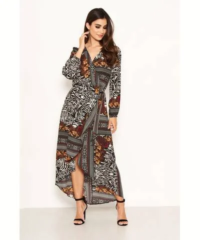 Fit-And-Flare DressZebra Mixed Print Wrap Midi Dress